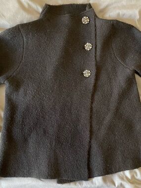 Adrienne Vittadini Long Sleeve Black Asymmetrical Button Neck Pointelle M